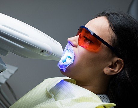 Woman receiving teeth whitening treatment