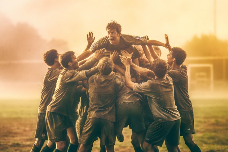 Smiling player crowdsurfs on triumphant team.